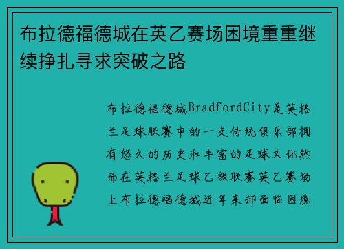 布拉德福德城在英乙赛场困境重重继续挣扎寻求突破之路 布拉德福德城在英乙赛场困境重重继续挣扎寻求突破之路
