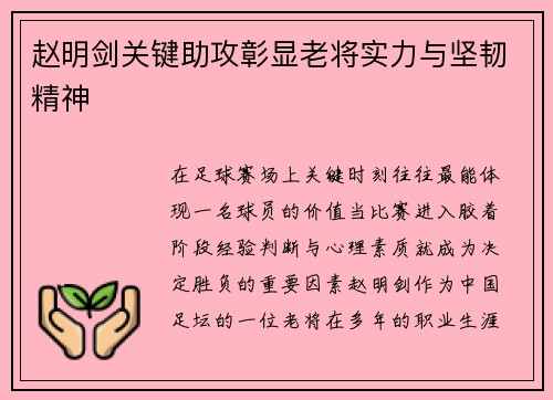 赵明剑关键助攻彰显老将实力与坚韧精神